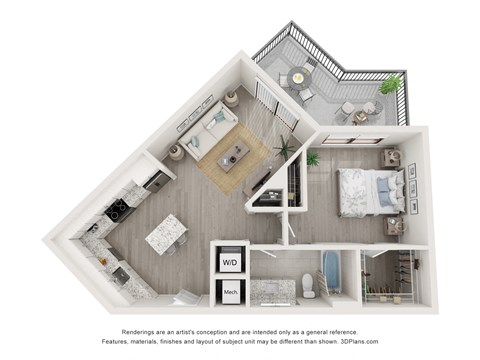 Floor plan for 1 bed, 1 bath, 859 sqft